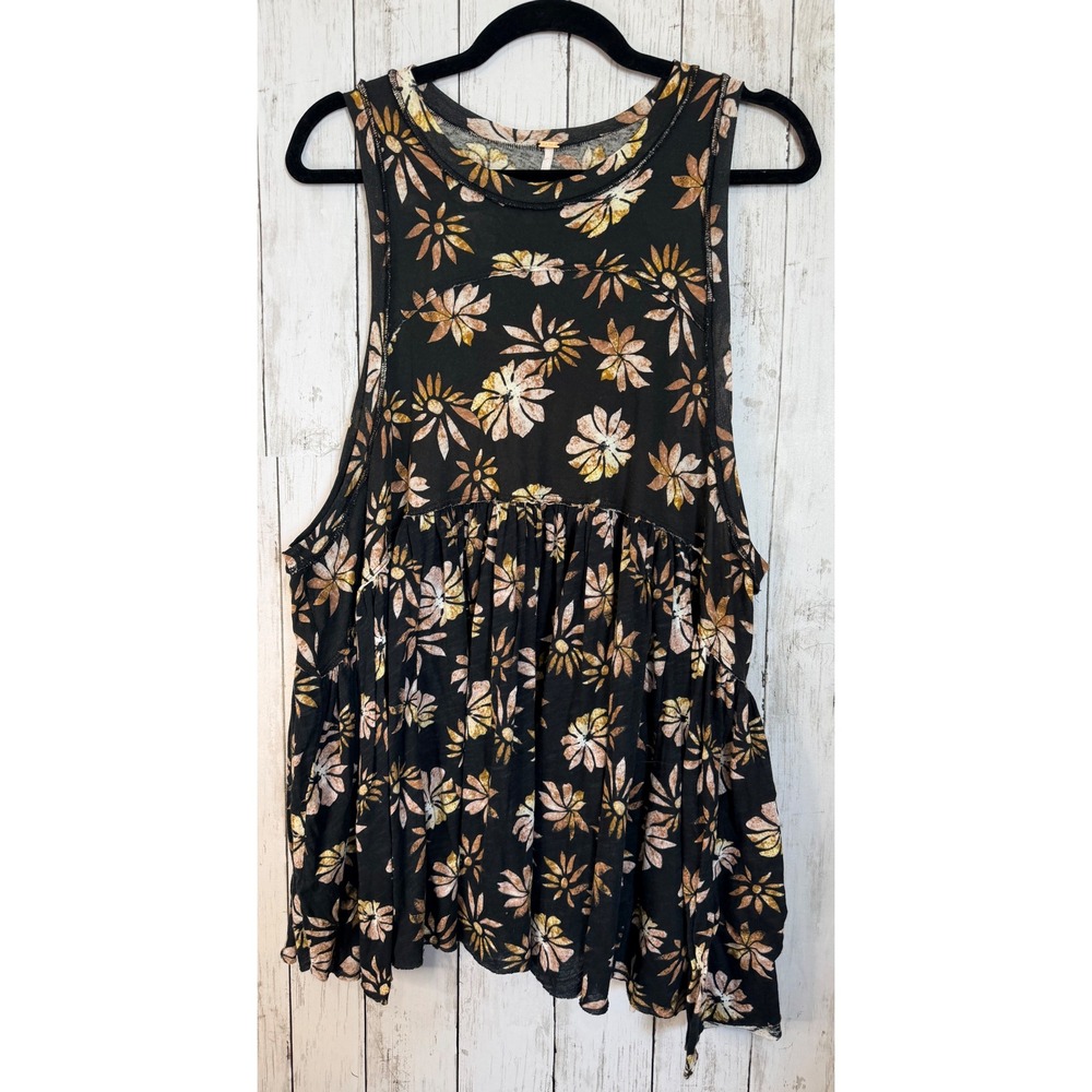 Free People Black Floral Babydoll Tank Top Sleeveless Cotton Boho OB1288384 XS